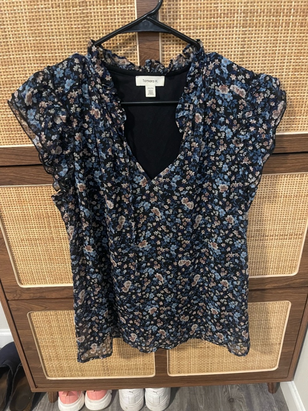 Navy Floral V-Neck Flutter Sleeve Top